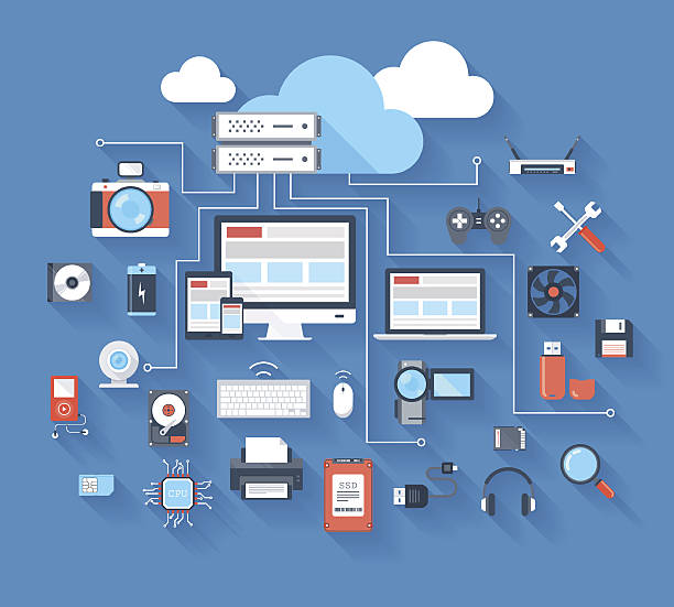 Hardware icons Vector illustration of hardware and cloud computing concept on blue background with long shadow. computer part photos stock illustrations
