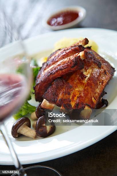 Pork Rib Grill And Red Wine Stock Photo - Download Image Now - Affectionate, Animal Bone, Asparagus