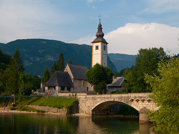 istock Church tower and stone bridge at Lake Bohinj 482494134