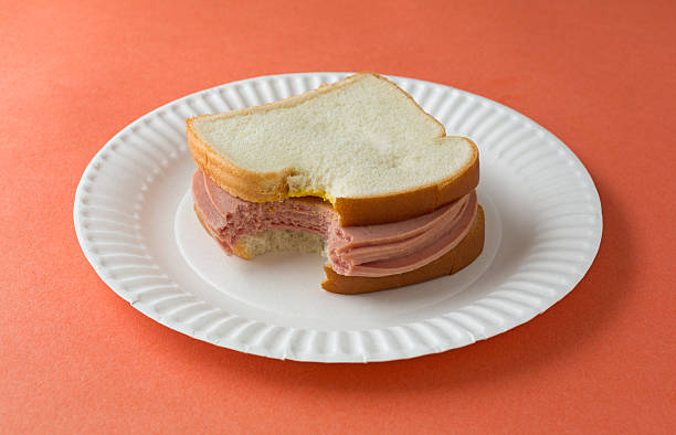 istock Large bitten bologna sandwich with mustard 482496192