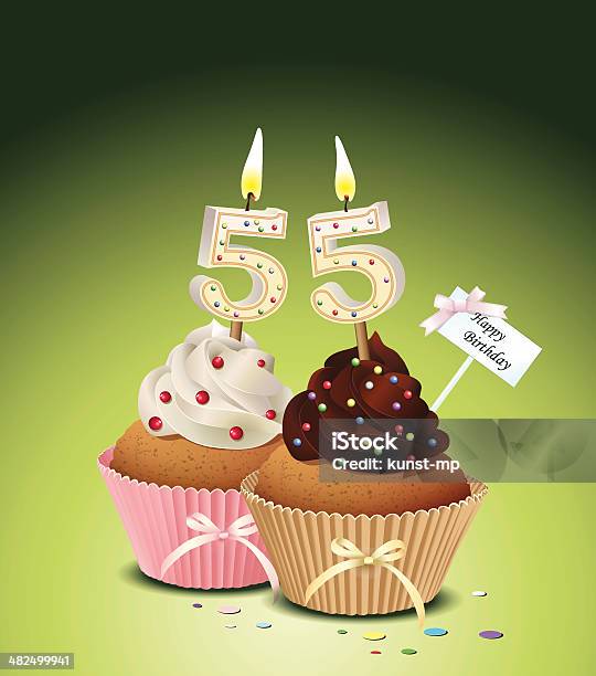 Birthday Cupcake With Candle Number 55 Stock Illustration - Download Image Now - 55-59 Years, Number, Vector