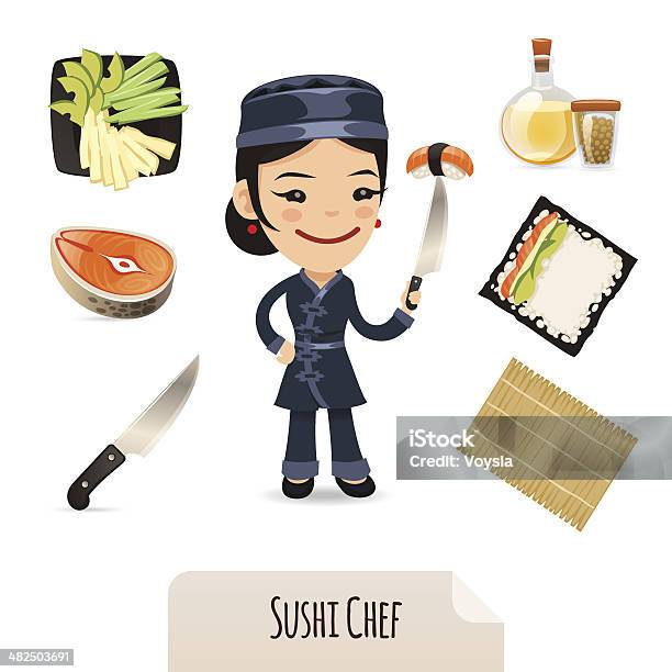 Female Sushi Chef Icons Set Stock Illustration - Download Image Now - Adult, Asian Culture, Avocado