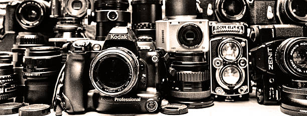 several photographic cameras stock photo