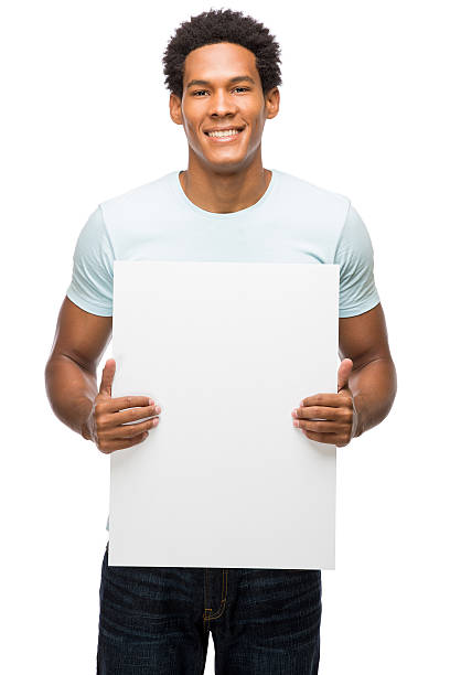 istock Casual young man holding a white sign 482509453