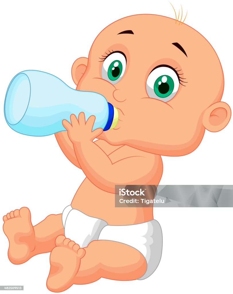 Милый ребенок Мультяшный пьет молоко из бутылки - Векторная графика Бутылка роялти-фри