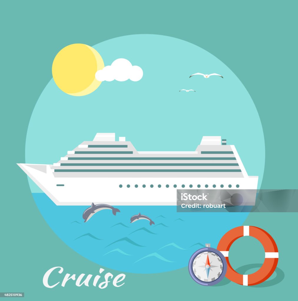 Cruise Ship. Water Tourism Cruise ship in blue water with dolphins. Water tourism. Icons of traveling, planning summer vacation, tourism. For web banners, marketing and promotional materials, presentation templates  Cruise Ship stock vector