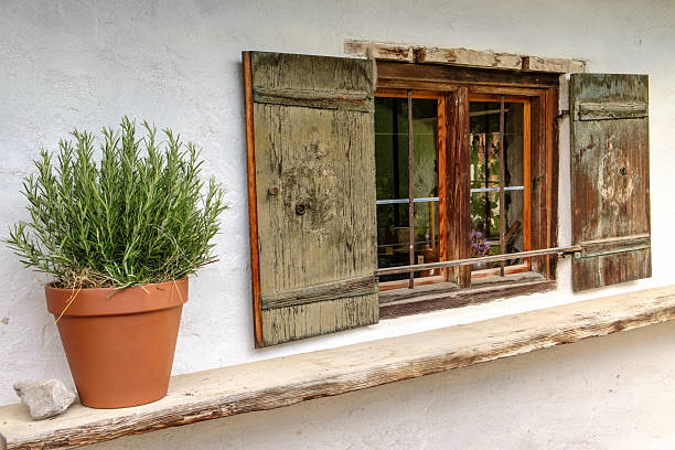 wooden window and window sill with a pot of thyme on a historic farmhouse in Bavaria