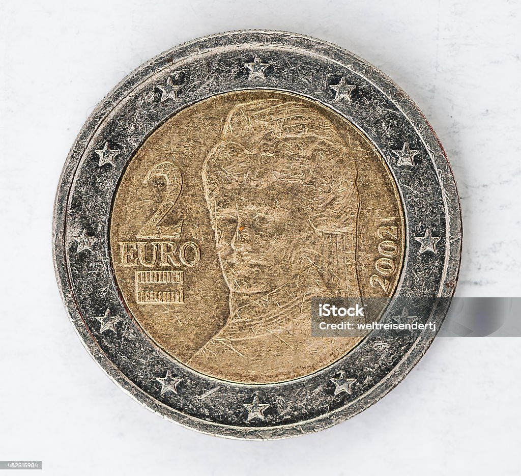 Euro Coin with Austria backside used look two Euro Coin with europe Austria backside used look 2015 Stock Photo