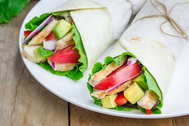 istock Tortilla wraps with chicken, avocado, tomato, onion and puprika 482517458