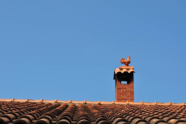 polluelo en un tejado contra el cielo azul - roof roof tile rooster weather vane fotografías e imágenes de stock