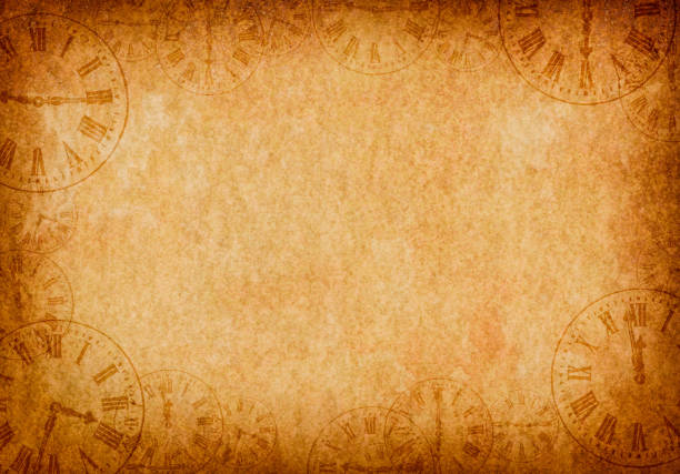 Vintage Grunge Parchment Background with Clock Faces Landscape Vintage grunge parchment background with abstract overlapping vintage clock faces around the edges making a border. history stock pictures, royalty-free photos & images