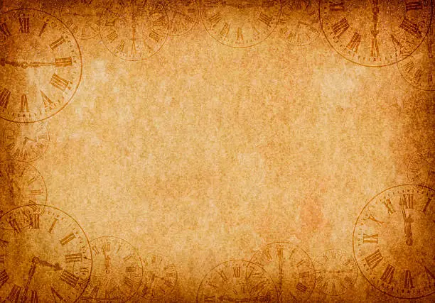 Vintage grunge parchment background with abstract overlapping vintage clock faces around the edges making a border.