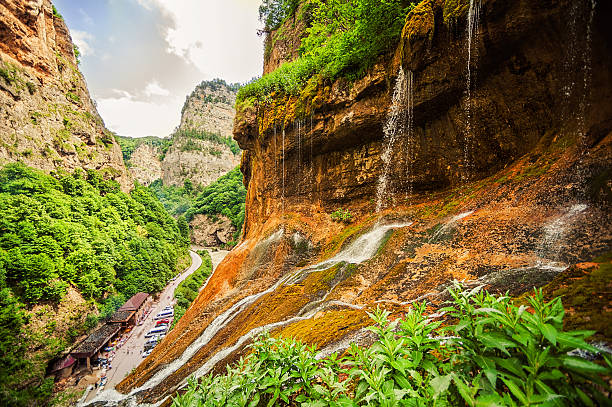 top tier of Chegem waterfalls in canyon stock photo