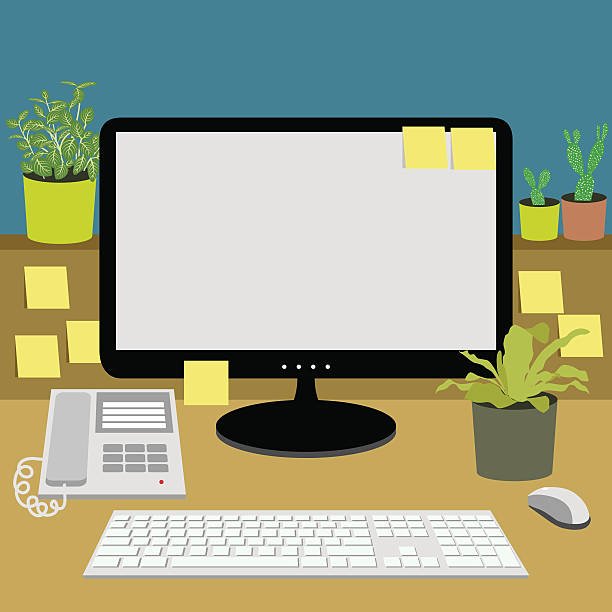 office desk with telephone, computer, keyboard and plants, vector illustration office desk with telephone, computer, keyboard and plants, vector illustration computer keyboard stock illustrations