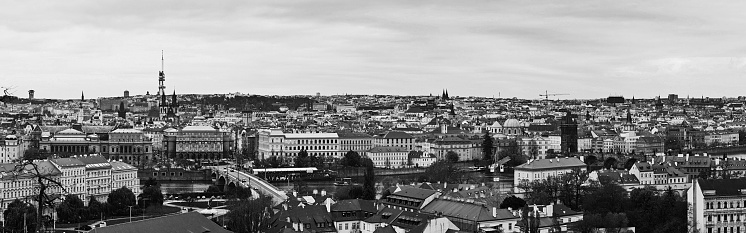 Panoramic view of Prague, in black and white.