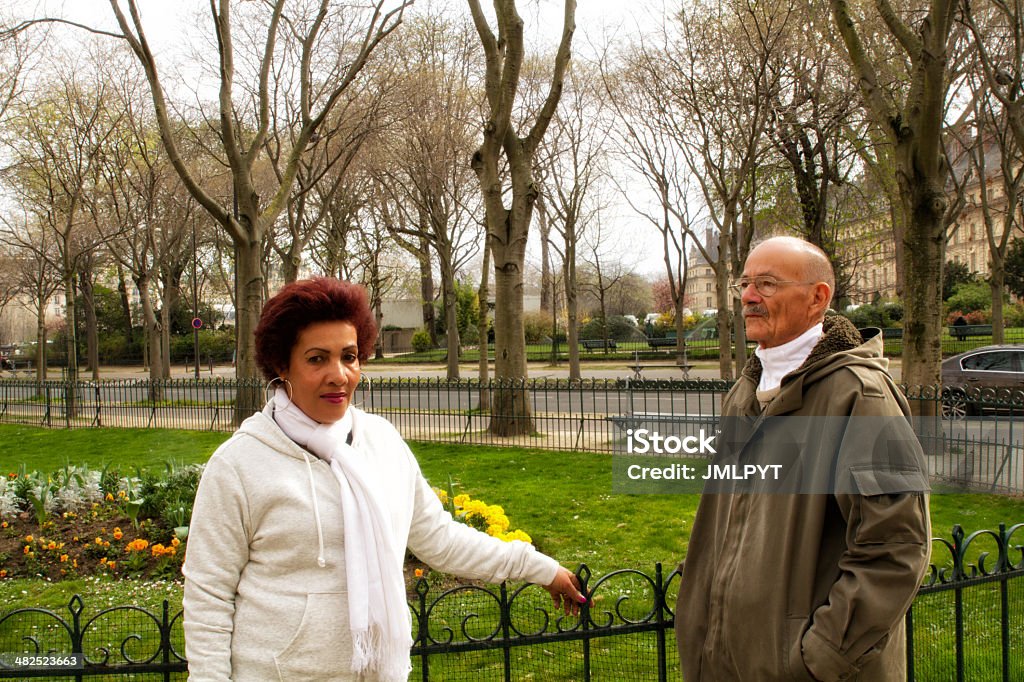 Lover in Paris A mature guy and a beautiful colored woman in front of a city park City Stock Photo
