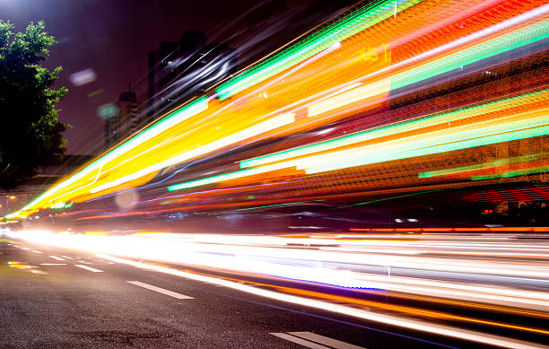 Big city road car lights at night stock photo