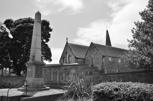 A view of the war memorial and church in Leven