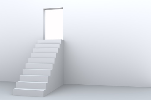 Stairway to black door with lighted exit in dark room. concept of a way to success, planning for progress towards a bright future. with copy space and business design. 3D rendering