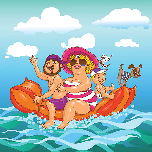 illustrazioni stock, clip art, cartoni animati e icone di tendenza di famiglia al mare - wooden raft illustrations