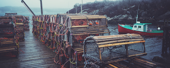 A fishing village wharf is lined with lobster traps during an ice storm.