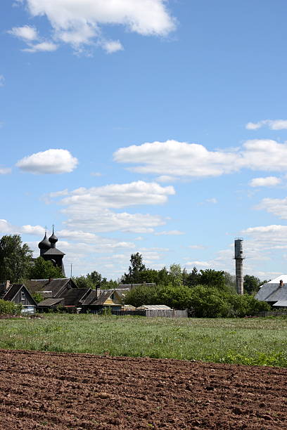 Church and water tower stock photo