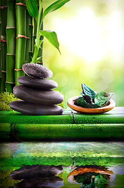 istock Stones stacked and bowl with green leaves reflected in water 482536966
