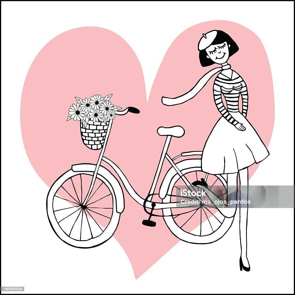 girl and bike Paris inspired postcard template with images of beautiful girl and retro bike with flowers Bicycle stock vector