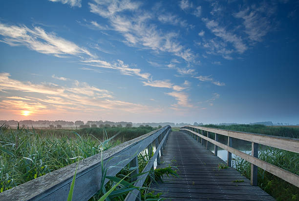 istock charming wooden bridge over river at misty sunrise 482537785