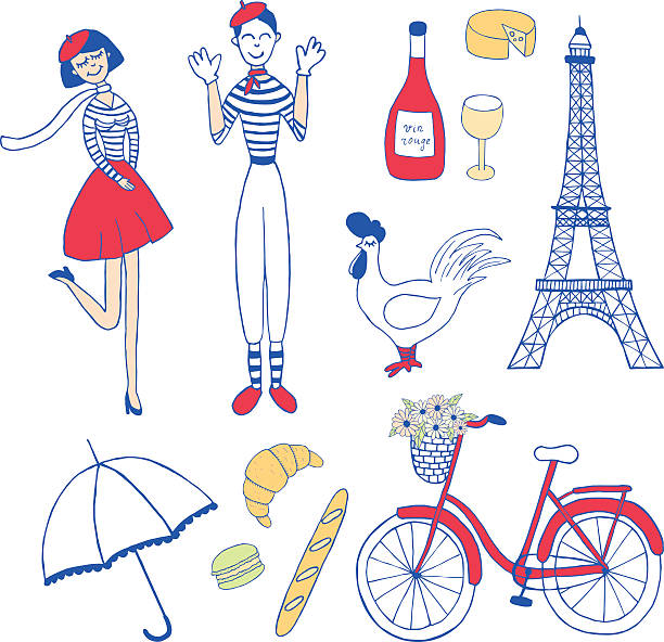 colored paris item set of Paris inspired vintage icons: french girl, mime, the eiffel tower, bicycle, macaron, croissant, cockerel charades stock illustrations