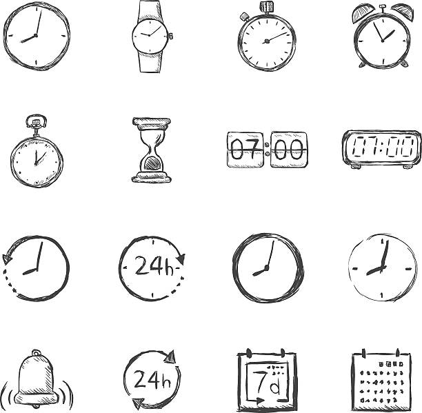 illustrazioni stock, clip art, cartoni animati e icone di tendenza di vector set di icone di schizzo di tempo - orologio da polso o da tasca illustrazioni