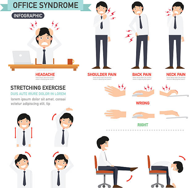 illustrazioni stock, clip art, cartoni animati e icone di tendenza di sindrome infografica ufficio - backache pain physical injury sport