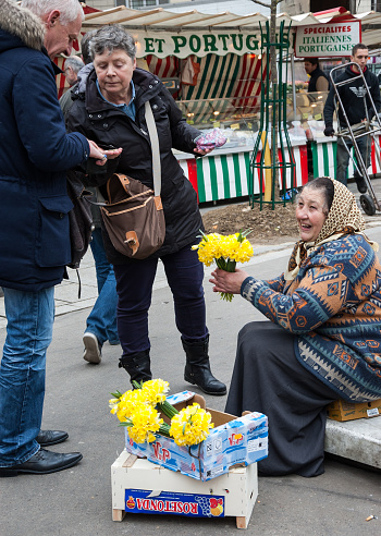 Paris, France - March 10, 2013: An unidentified smiling senior woman sells yellow narcissuses to buyers at market on March 10, 2013 in Paris, France. Narcissuses is the traditional Easter flower in european countries.
