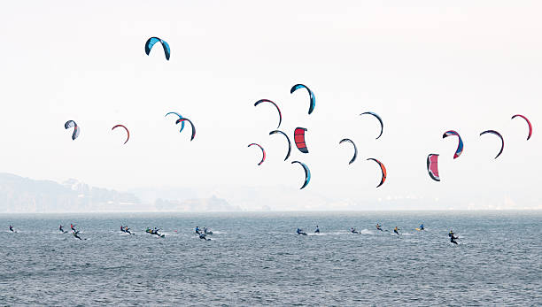 A group of Kitesurfers in the Bay of San Francisco, California. Nikon D3X..