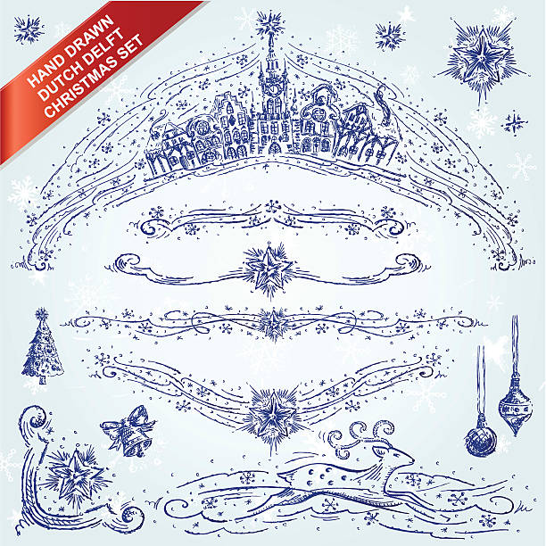 Set of Dutch Delft Blue Hand Drawn Frames Set of Dutch Delft Blue Hand Drawn Frames delft winter netherlands snow stock illustrations