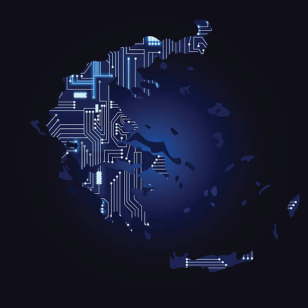 mapa grecja z obwodów elektronicznych - electronics industry computer graphic blue backgrounds stock illustrations