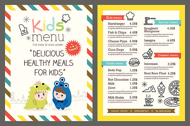 kids menu vector template Cute colorful kids meal menu vector template lunch borders stock illustrations