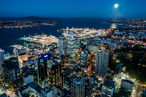Auckland's business district with a beautiful full moon