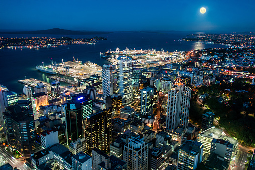 Auckland's business district with a beautiful full moon