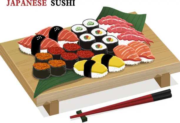Vector illustration of amazing delicious sushi set