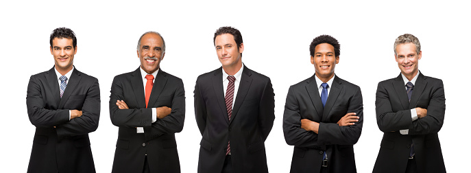 Group of happy businessmen standing with their arms folded isolated over white background