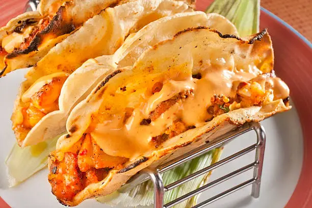 Seafood Tacos, Fish and Shrimp Tacos with Cheese and Chipotle Mayonnaise, Spicy, Tex Mex Food