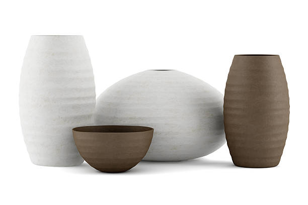 four brown and white ceramic vases isolated on white background