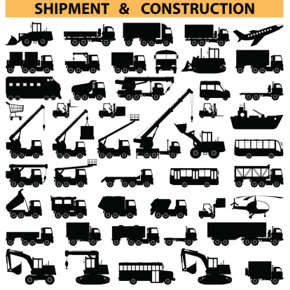 Vector shipment and construction vehicles icons, including truck, forklift, crane and others, isolated on white background