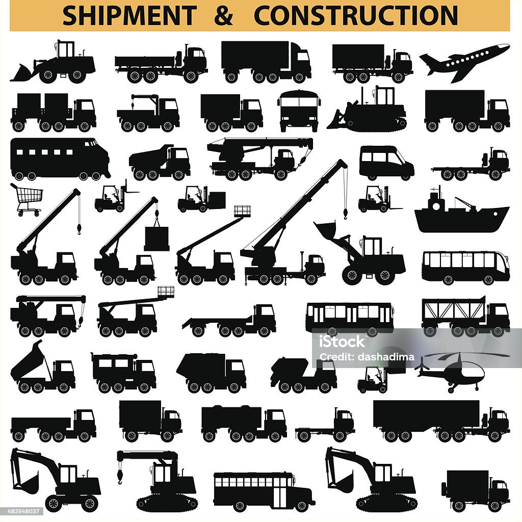 Vector commercial vehicles pictograms Vector shipment and construction vehicles icons, including truck, forklift, crane and others, isolated on white background In Silhouette stock vector