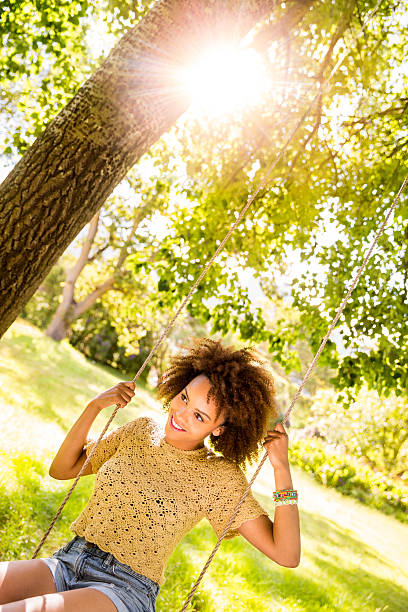 istock Woman swinging on a rope swing 482556495