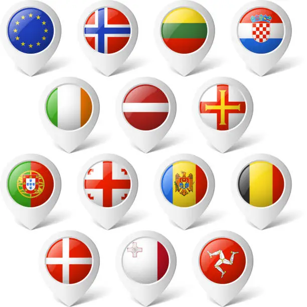 Vector illustration of Map pointers with flags. Europe.