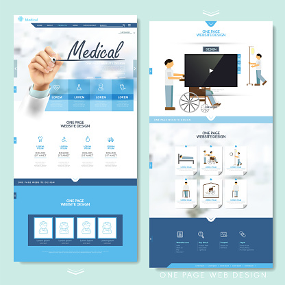 medical one page website design template in blue and white