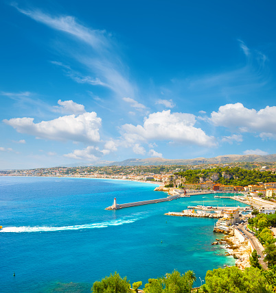 Turquoise sea and perfect blue sky. View of mediterranean resort, Nice, french riviera, France