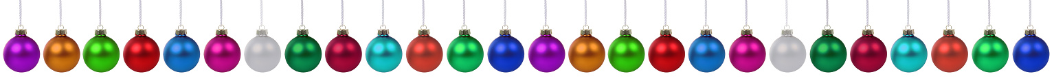 Colorful Christmas balls decoration border in a row isolated on a white background